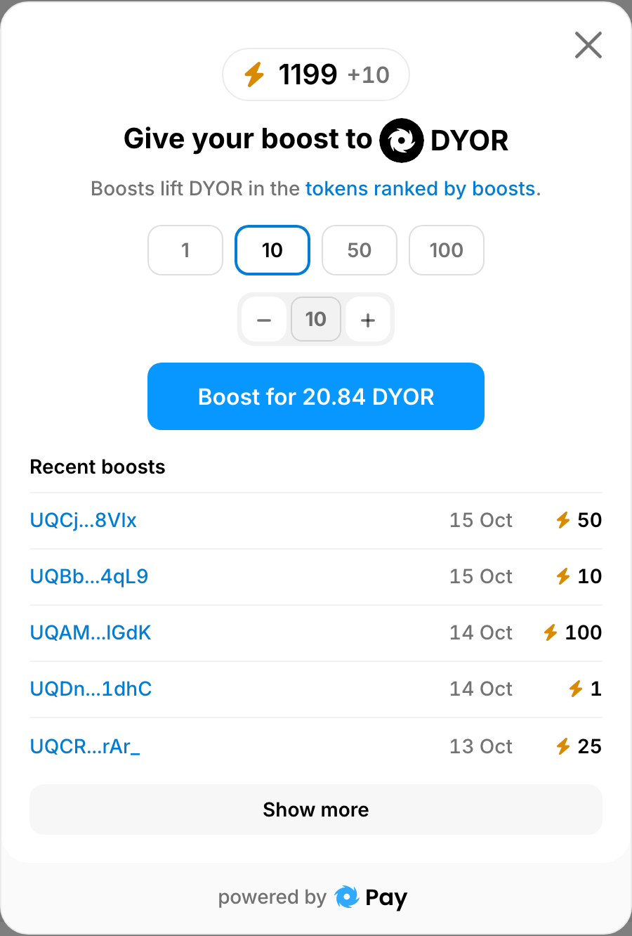 The boost window: the presets 1, 10, 50 and 100, the Boost for button with its price, and the Recent boosts list