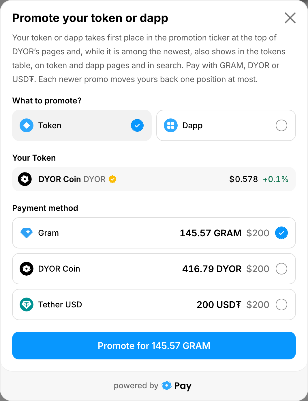 The purchase form “Promote your token or dapp” on /promote with a token chosen, the payment method set and the “Promote for” button