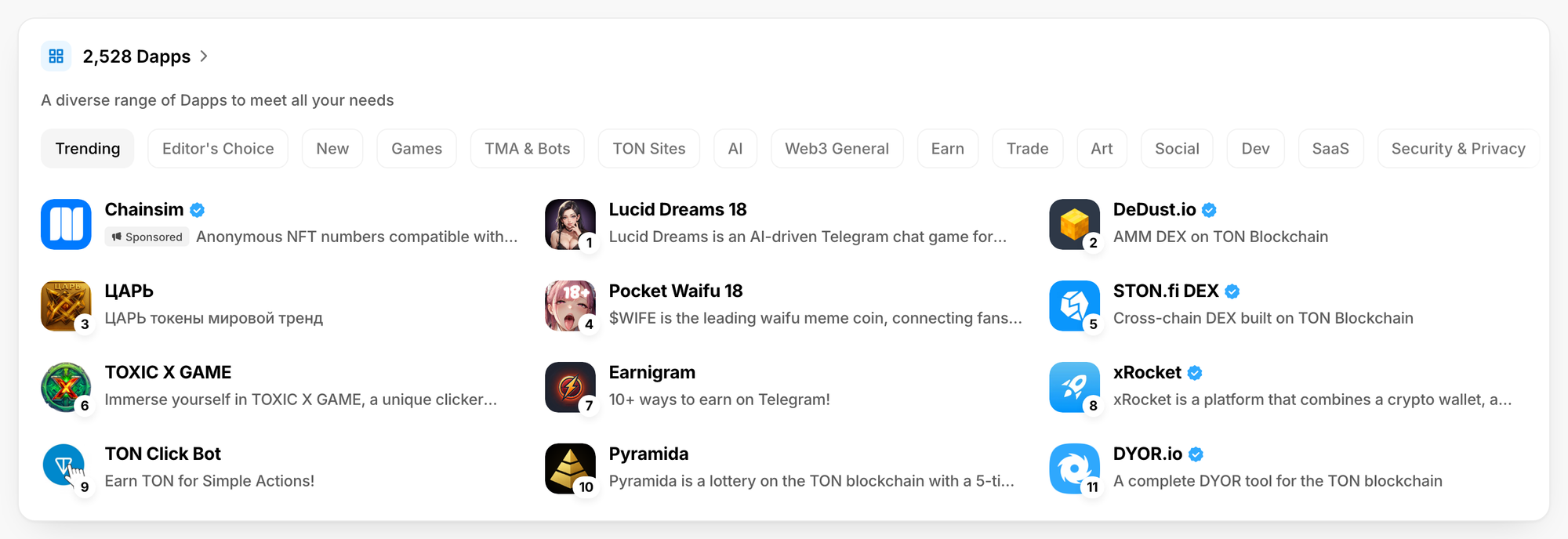 The Dapps card on Trending, opening with a Sponsored dapp