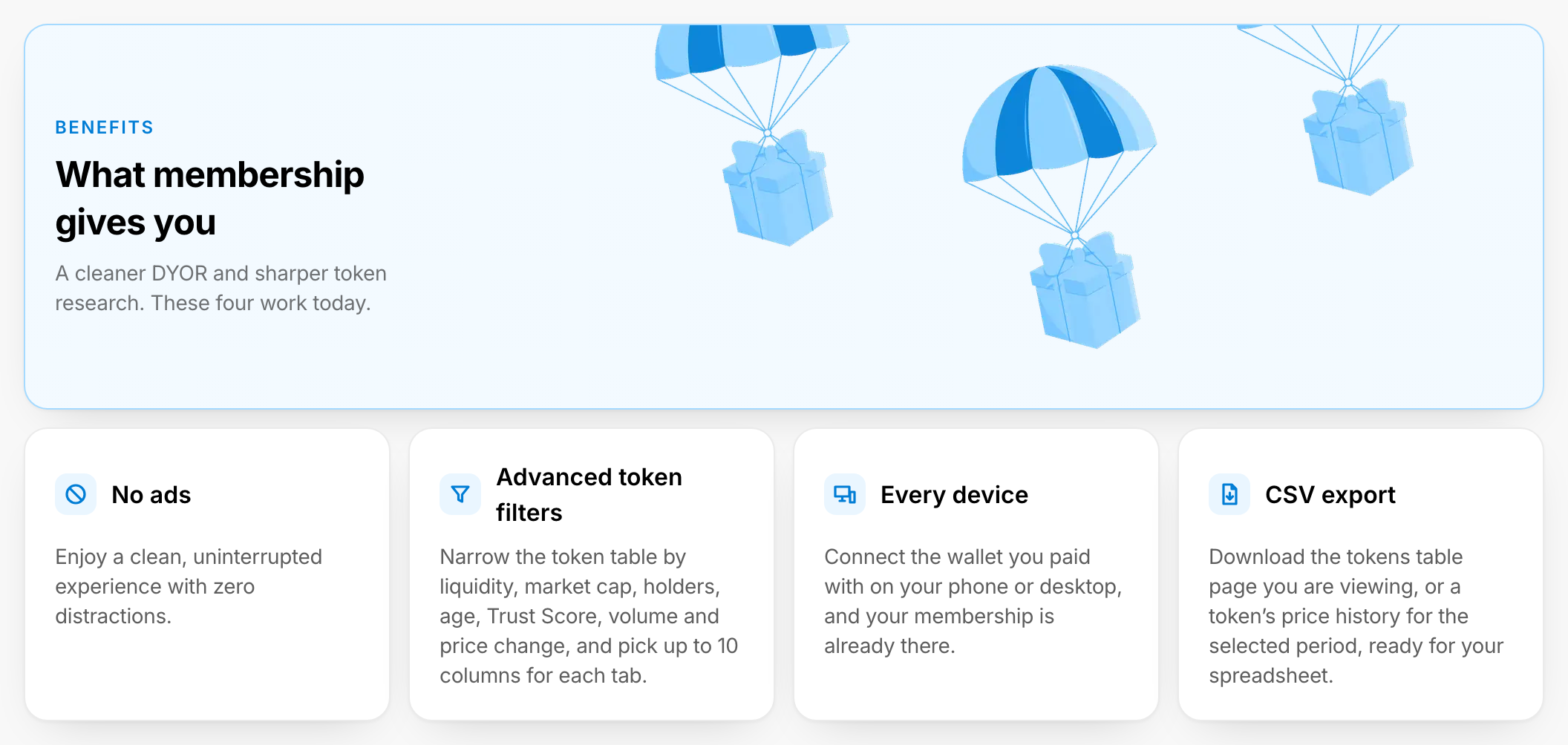 The DYOR Membership page with four benefit cards: No ads, Advanced token filters, CSV export and Every device