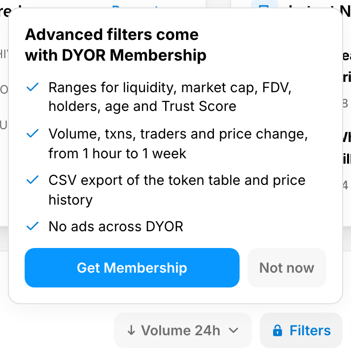 The tokens table without membership: the Filters note "Advanced filters come with DYOR Membership" open under the locked Filters button