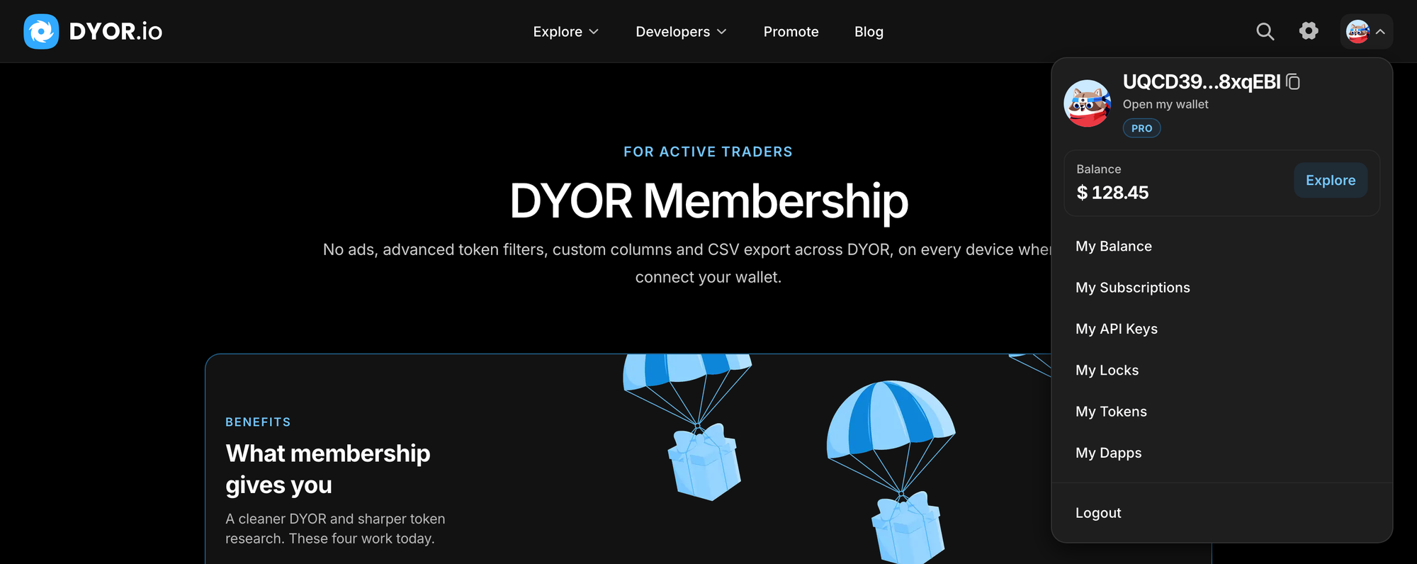 The wallet menu of a member, with the PRO badge under Open my wallet