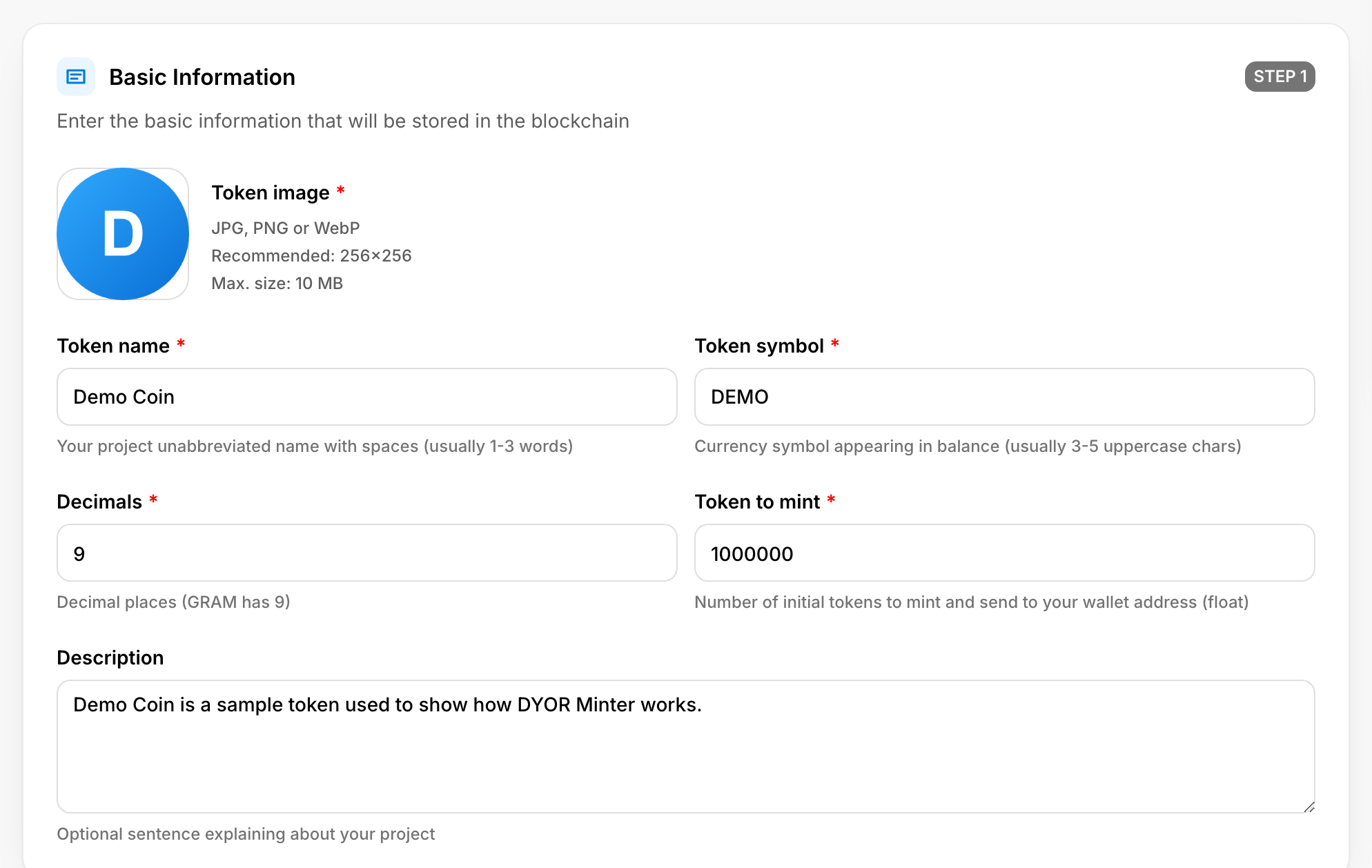 DYOR Minter, step 1: image, name, symbol, decimals, amount to mint and description
