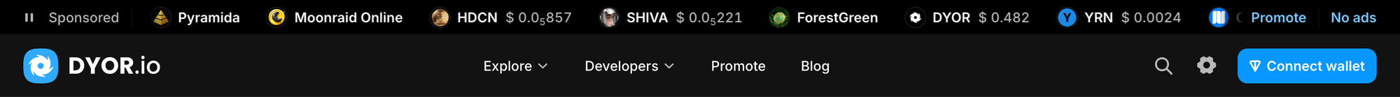 The promotion ticker above the DYOR header: the Sponsored label, promoted tokens and dapps with their prices, and the Promote and No ads links