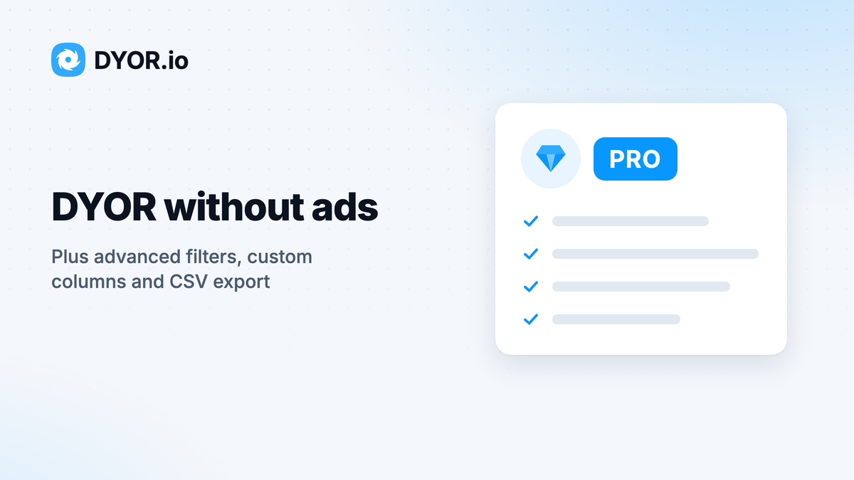 DYOR.io cover “DYOR without ads”: the PRO badge and a list of membership perks