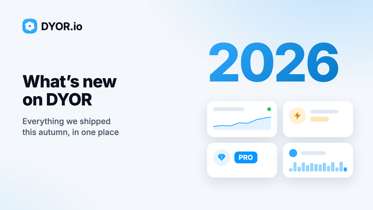 DYOR.io cover “What’s new on DYOR”: 2026 beside cards for network statistics, boosts and PRO membership
