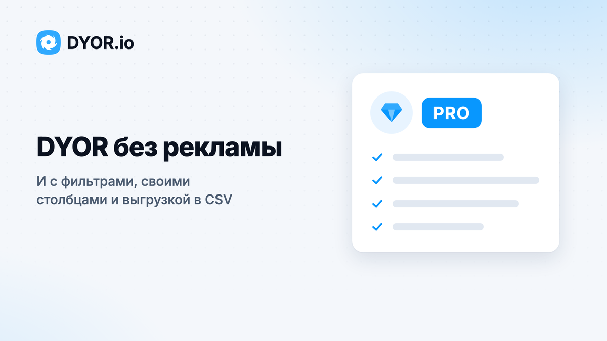 Обложка DYOR.io «DYOR без рекламы»: значок PRO и список возможностей подписки